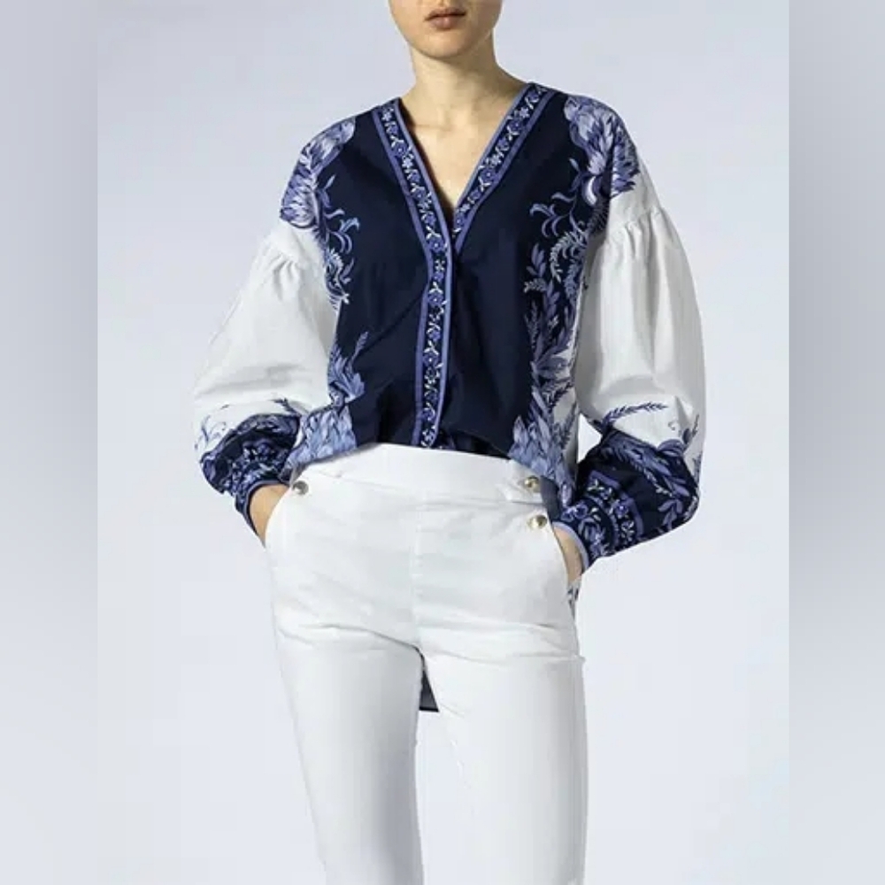 Twin-Set | Colour-blocked Tunic Blouse with Floral Pattern and Puff Sleeves